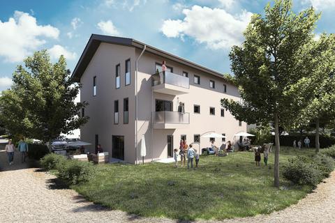 So soll es aussehen: Das Mehrfamilienhaus, das die Baugenossenschaft Ried im Groß-Gerauer Stadtteil Berkach plant.Visualisierung: BG Ried 