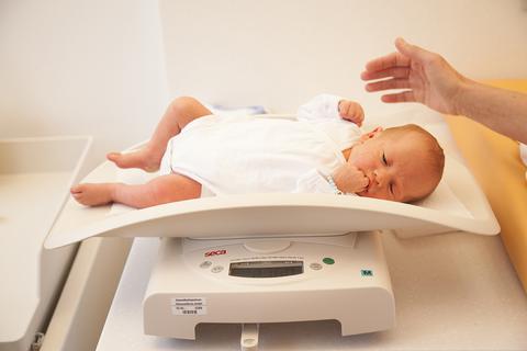 Im Gesundheitszentrum Odenwald in Erbach werden die Neugeborenen in den ersten Tagen nach der Geburt gewogen.  Foto: GZO