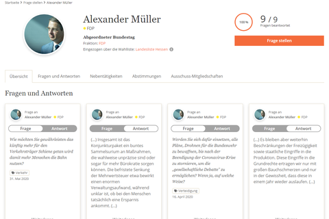Auf abgeordnetenwatch.de antworten Politiker, hier Bundestagsabgeordneter Alexander Müller (FDP), öffentlich auf ebenso öffentlich gestellte Fragen der Bürger. Screenshot: abgeordnetenwatch.de