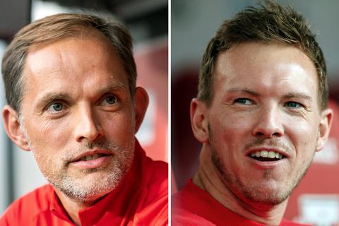  Der deutsche Fußballmeister Bayern München trennt sich mit sofortiger Wirkung von Trainer Julian Nagelsmann (r.). Sein Nachfolger wird offenbar der ehemalige Bundesliga-Coach Thomas Tuchel.